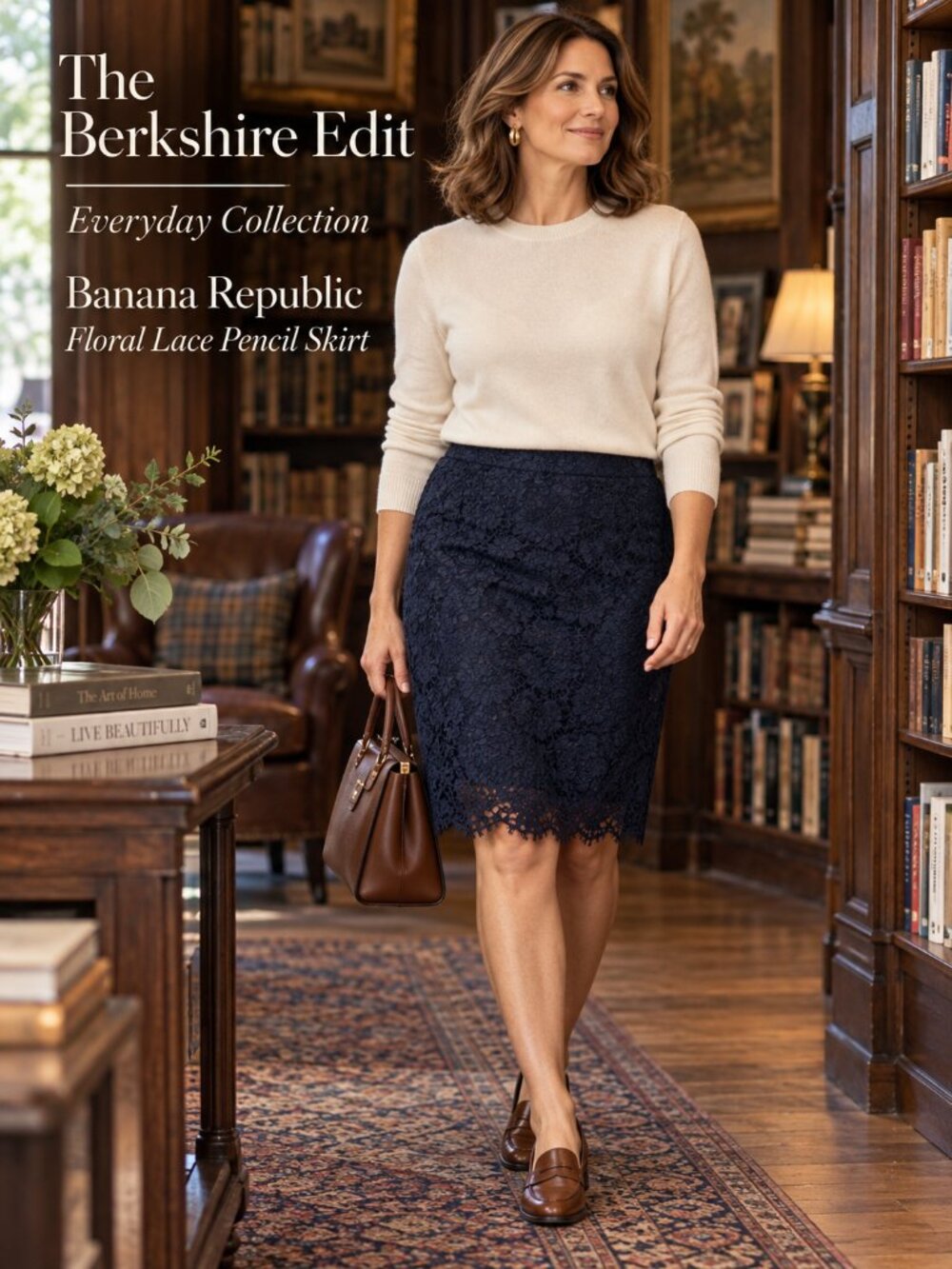 Banana Republic Navy Floral Lace Pencil Skirt Scalloped Hem Lined Size 10